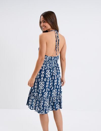 Robe courte dos nu en crépe bleu marine femme