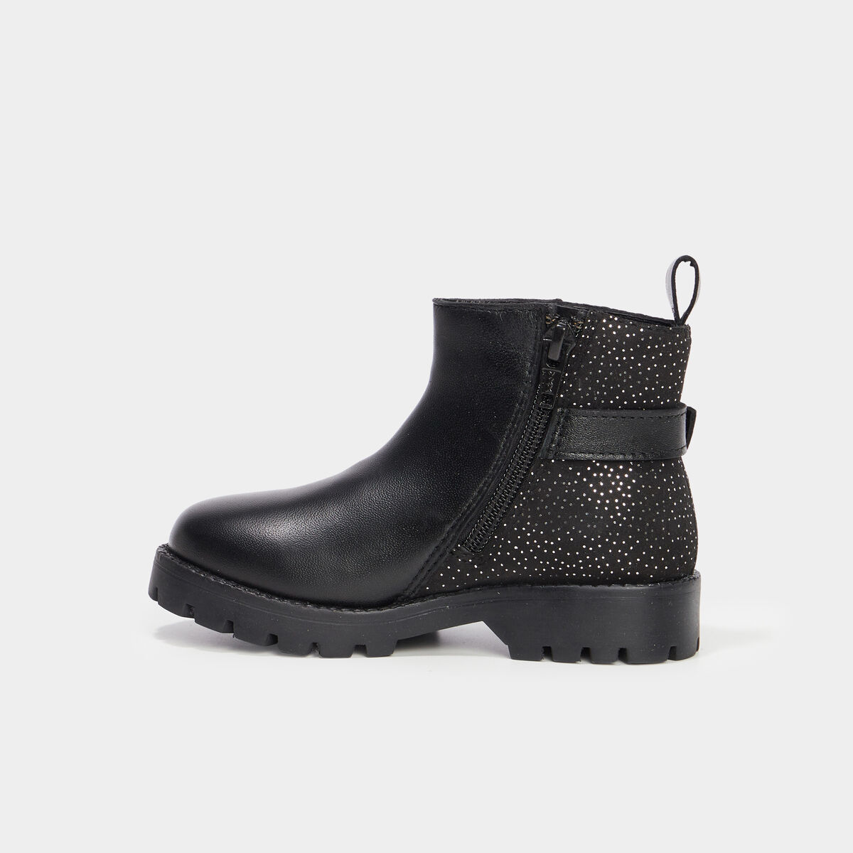 Bottines crantées à strass en cuir noir fille