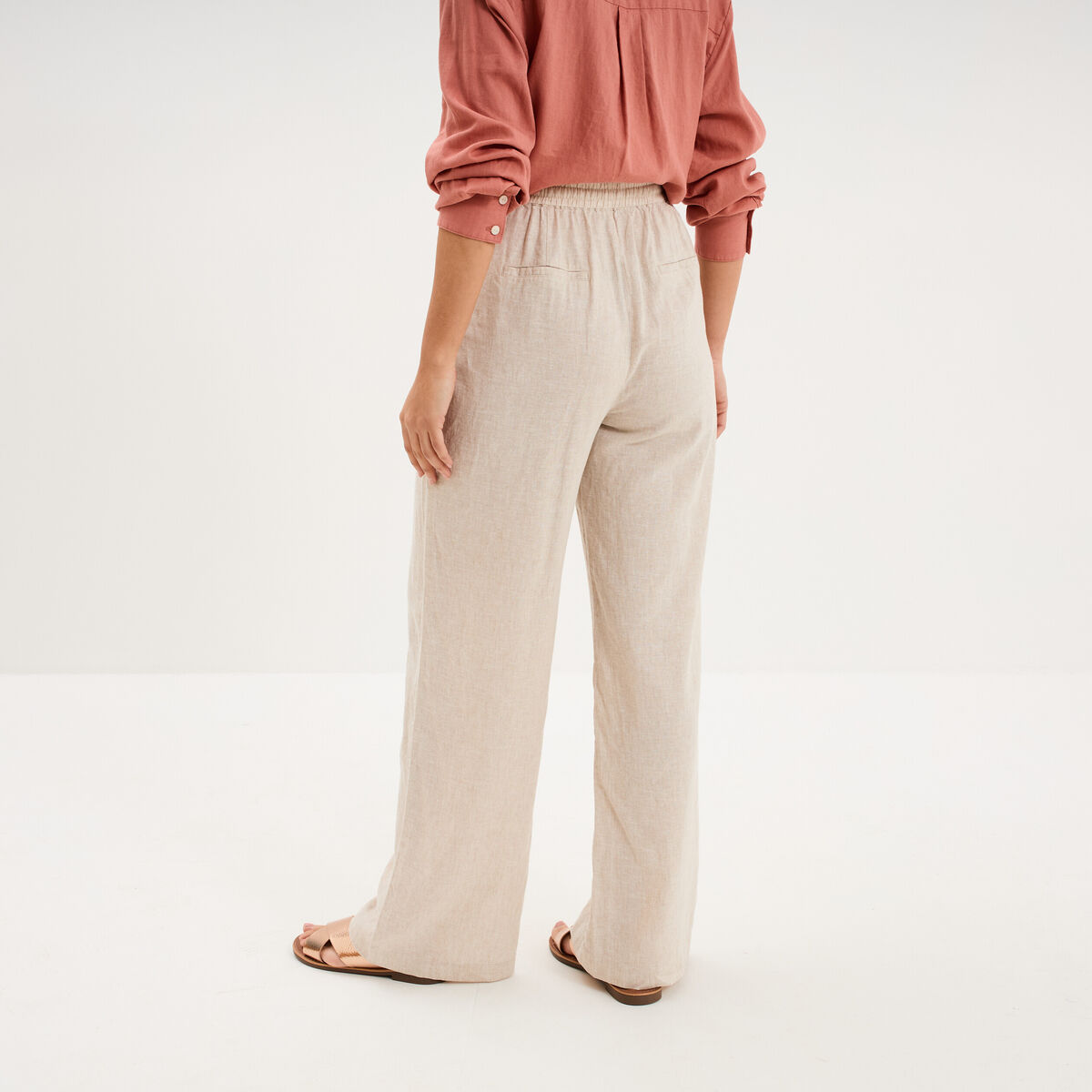 Pantalon large lin m&eacute;lang&eacute; beige femme