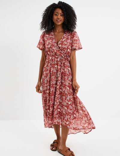 Robe longue évasée col cache-coeur terracotta femme
