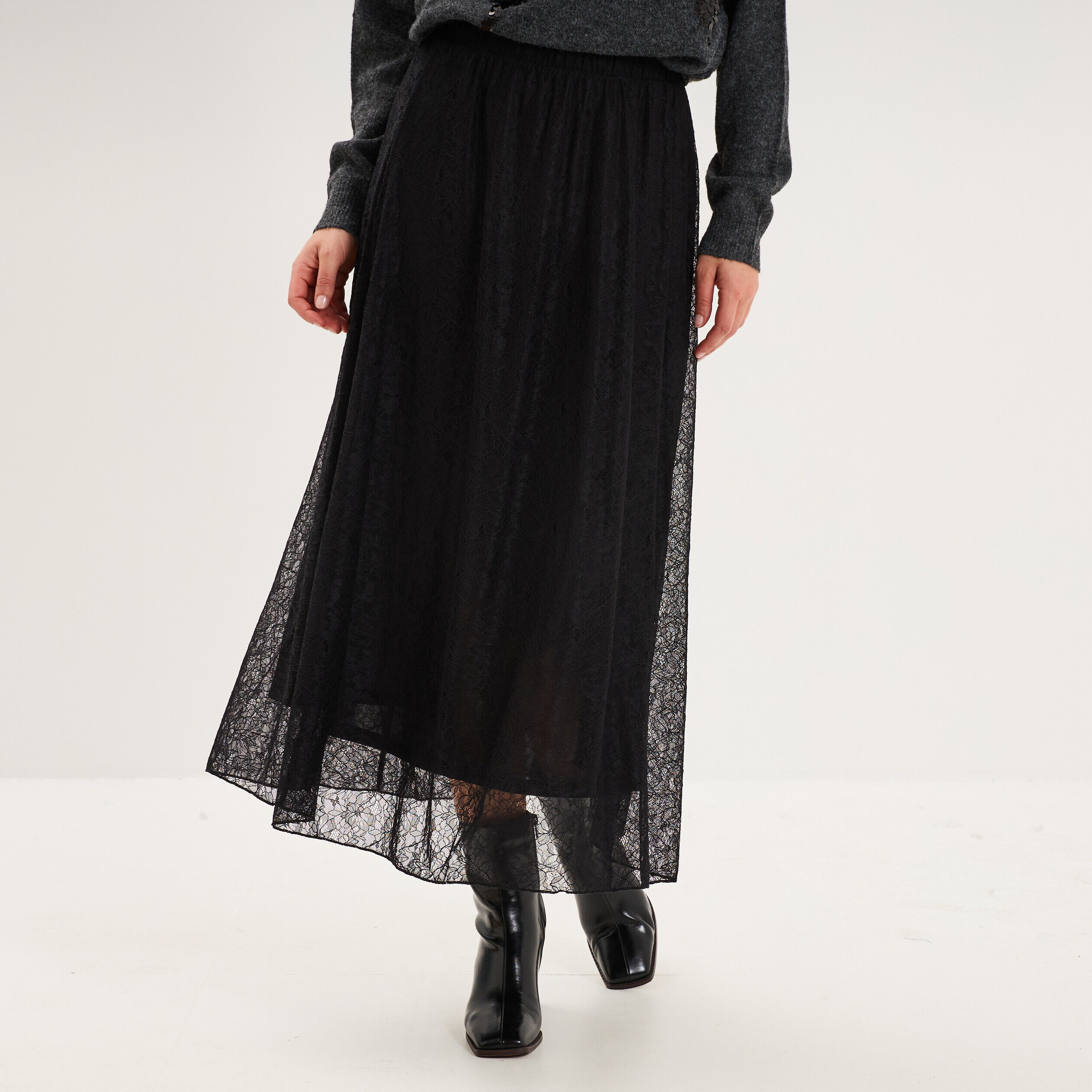 Jupe longue dentelle évasée noir femme LIBERTO