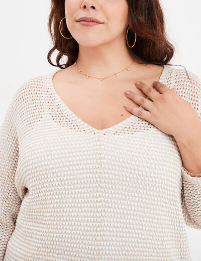 Pull col en V ajouré ecru femme grande taille