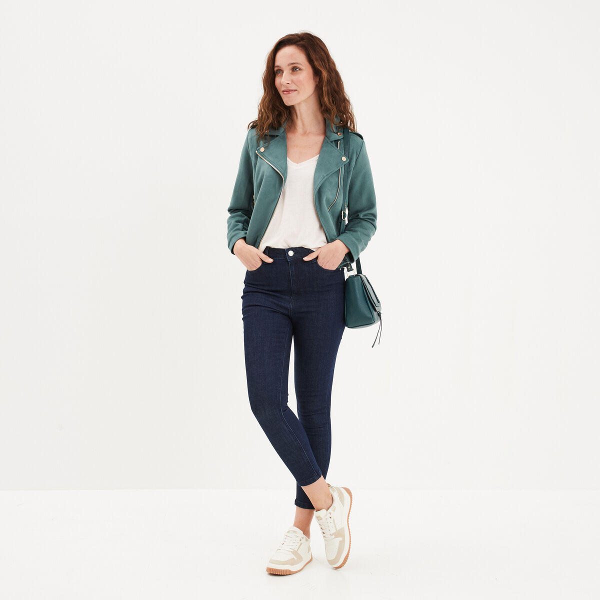 Veste courte esprit biker effet suédine vert foncé femme