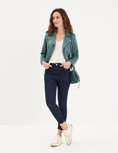 Veste courte esprit biker effet suédine vert foncé femme
