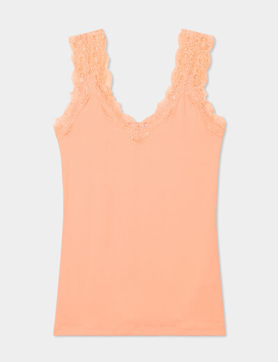 Débardeur ajusté détail dentelle rose corail femme