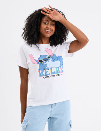 T-shirt col rond manches courtes Stitch blanc femme