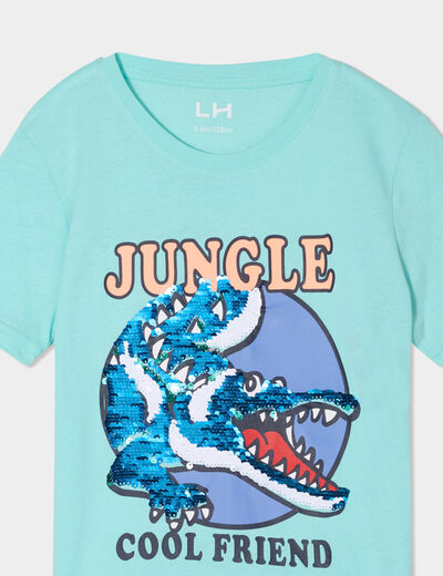 T-shirt sequins réversibles coton bleu turquoise garçon