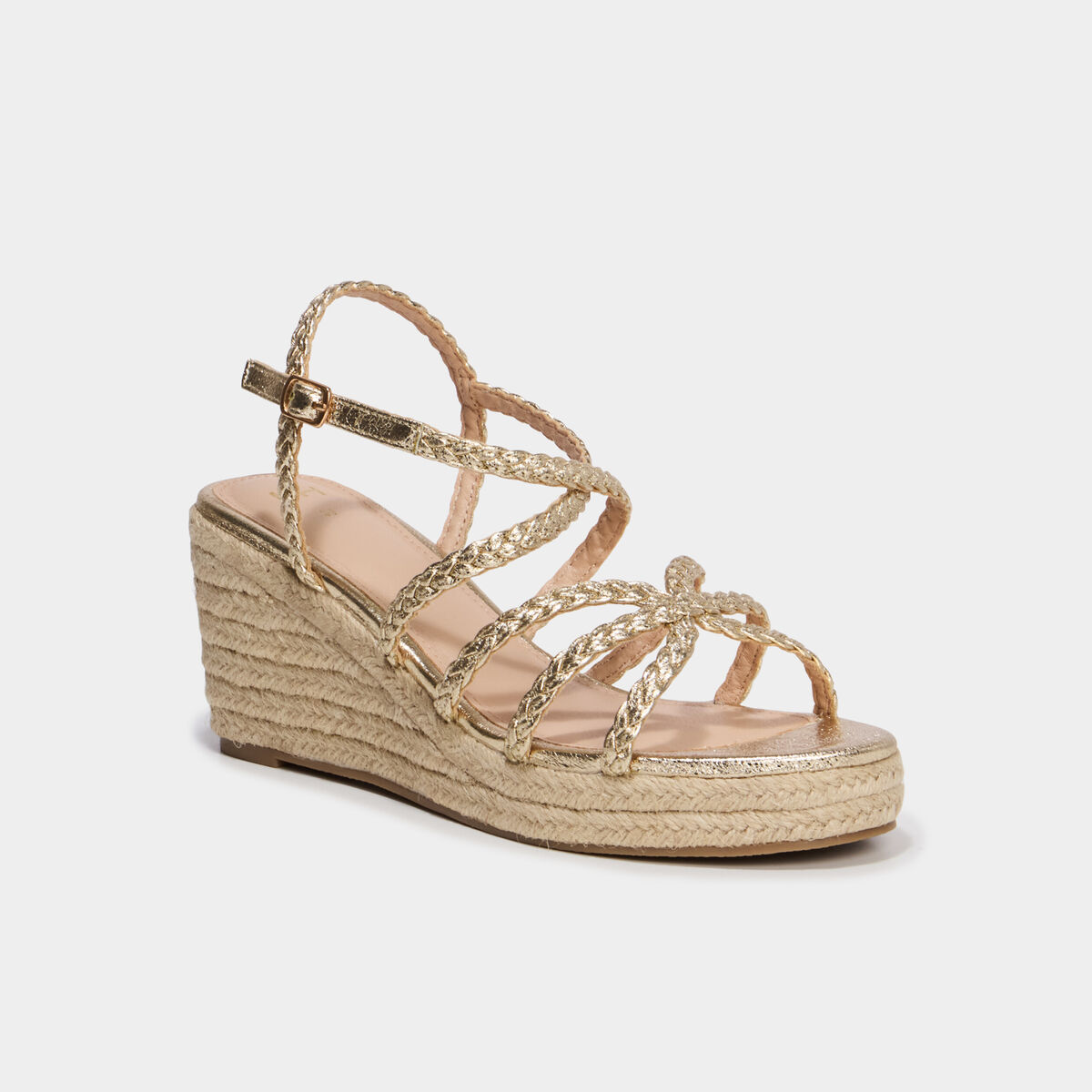 Sandales compens&eacute;es brides tress&eacute;es jaune or femme