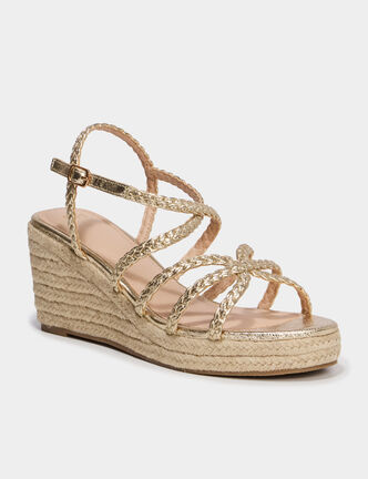 Sandales compens&eacute;es brides tress&eacute;es jaune or femme