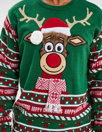 Pull de No&euml;l avec pompon vert homme