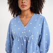 Blouse brod&eacute;e &agrave; basque manches 3/4 bleu marine femme