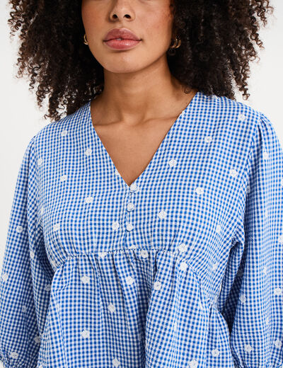Blouse brod&eacute;e &agrave; basque manches 3/4 bleu marine femme