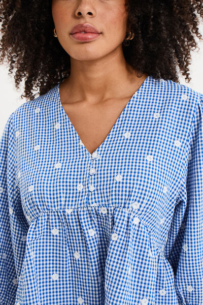 Blouse brod&eacute;e &agrave; basque manches 3/4 bleu marine femme