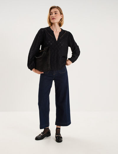 Blouse broderie anglaise manches longues noir femme
