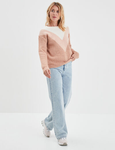 Pull manches longues col rond rose clair femme