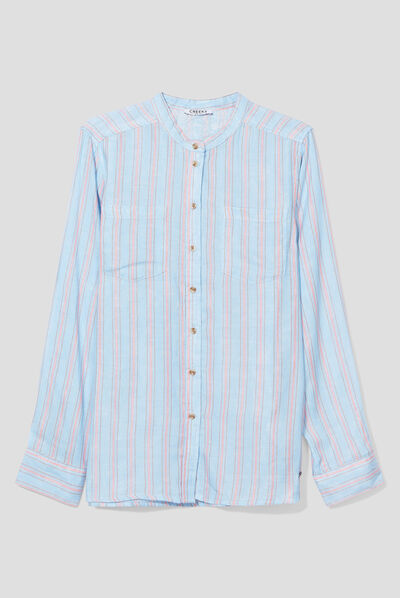 Chemise manches longues col mao bleu clair femme
