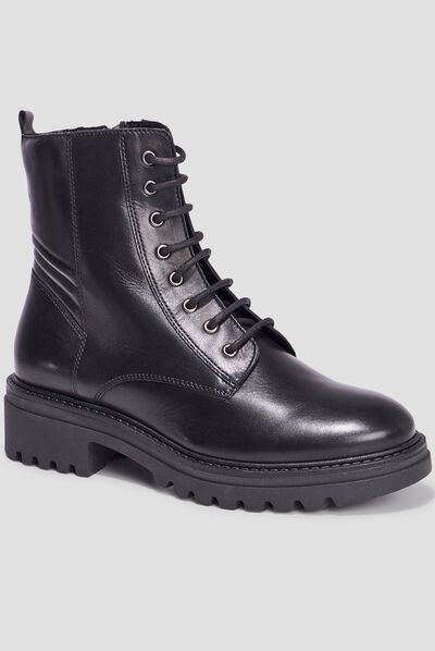 Bottines crantées à lacets en cuir noir femme