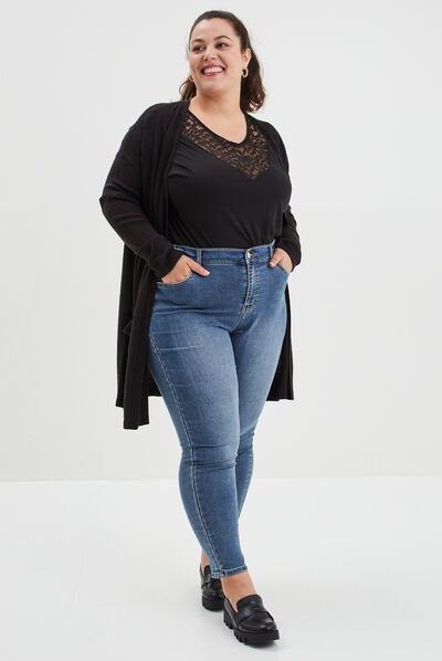 Gilet mi-long avec col en V noir femme grande taille