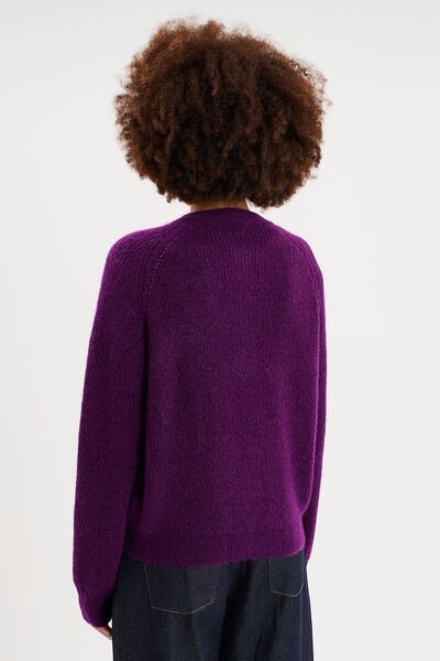 Gilet cardigan col rond boutonn&eacute; violet fonc&eacute; femme