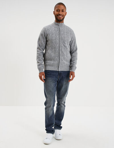 Gilet &agrave; torsades et col montant gris clair homme