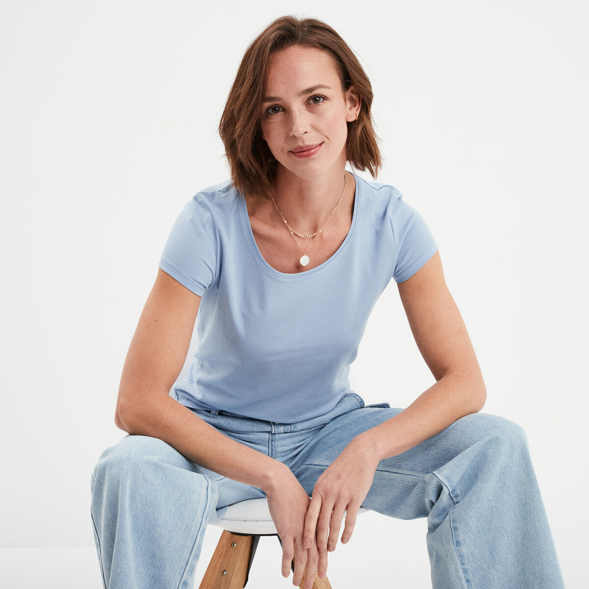 T-shirt coton col rond manches courtes bleu clair femme