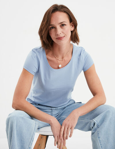 T-shirt coton col rond manches courtes bleu clair femme