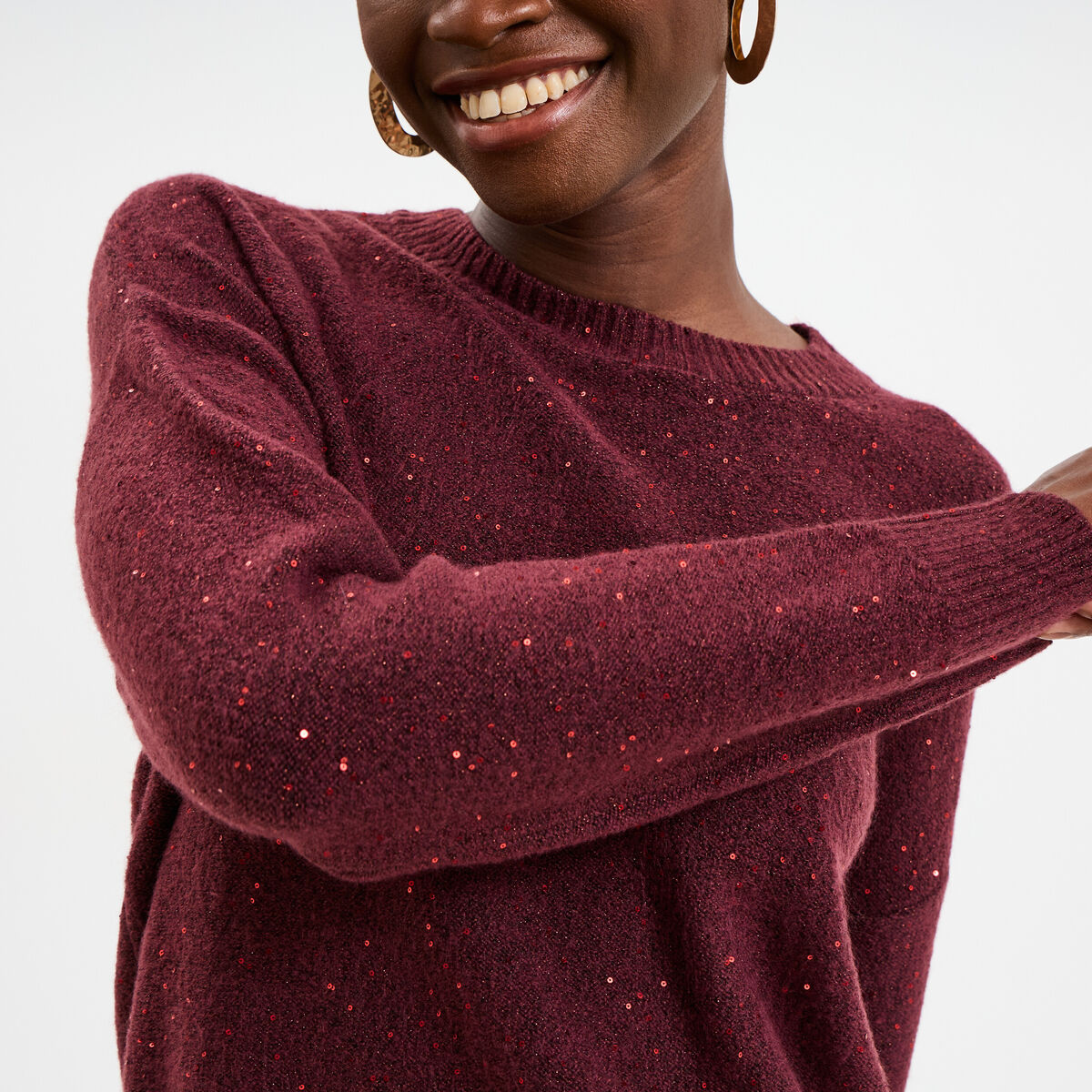 Pull col rond paillettes fils m&eacute;tallis&eacute;s bordeaux femme