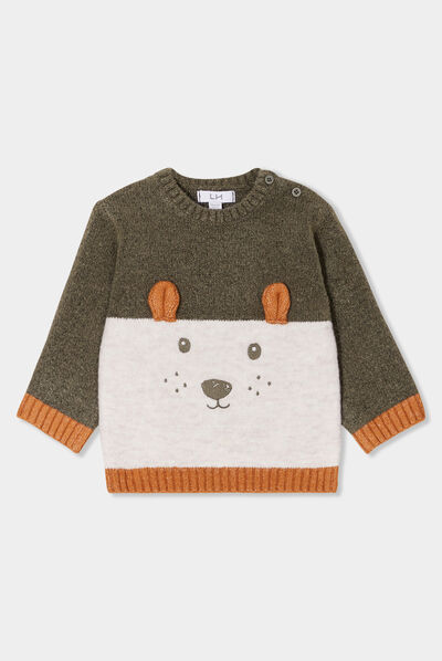 Pull épaule boutonnée col rond Kimbaloo vert kaki bébé garçon