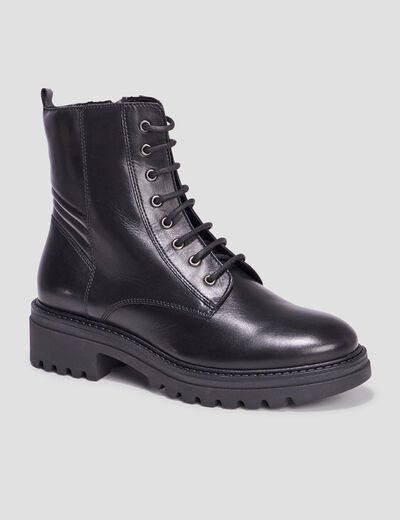 Bottines crant&eacute;es &agrave; lacets en cuir noir femme