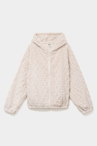 Veste fausse fourrure &agrave; capuche gris clair femme