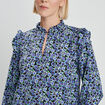 Blouse à épaules et col volantés bleu marine femme