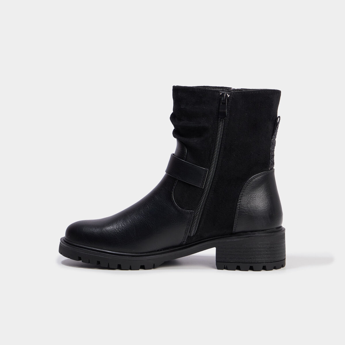 Boots bi-mati&egrave;re crant&eacute;es zipp&eacute;es noir femme
