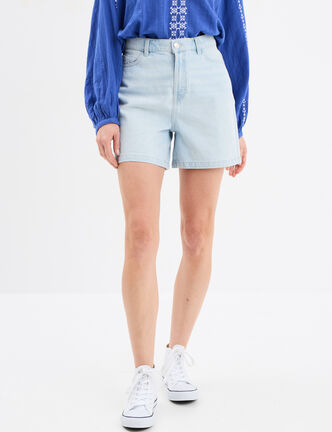 Short mom en jean 5 poches coton denim bleach femme