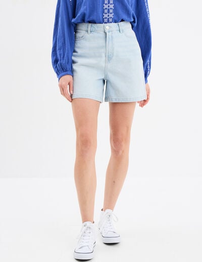 Short mom en jean 5 poches coton denim bleach femme