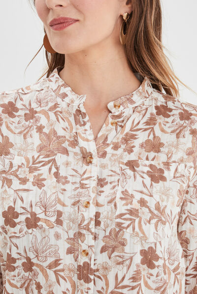 Chemise manches longues col mao creme femme