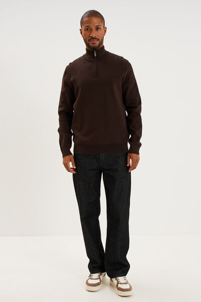 Pull camionneur manches longues marron fonc&eacute; homme