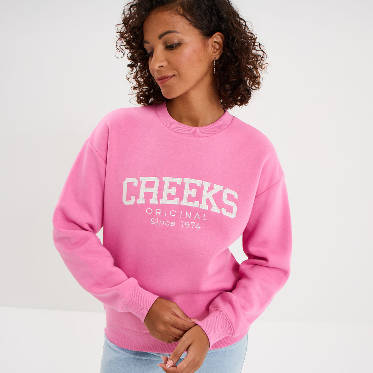 Sweat molleton col rond manches longues rose vif femme