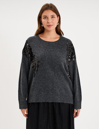 Pull &agrave; paillettes col rond gris fonc&eacute; femme grande taille
