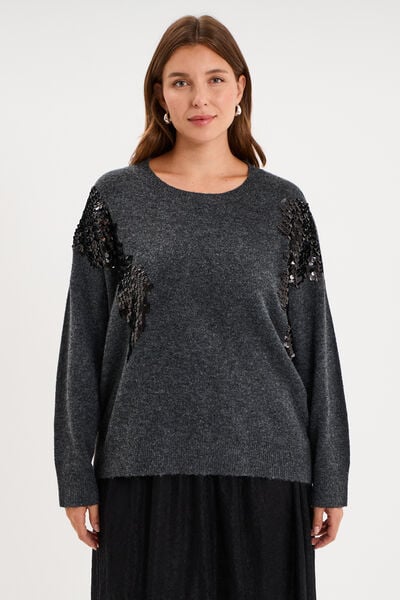 Pull &agrave; paillettes col rond gris fonc&eacute; femme grande taille