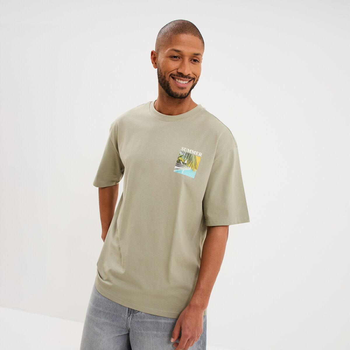 T-shirt manches courtes coton &eacute;pais vert kaki homme