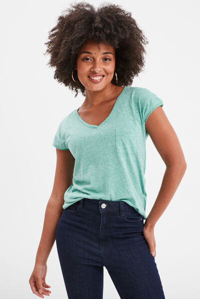 T-shirt col v poche poitrine Creeks vert clair femme