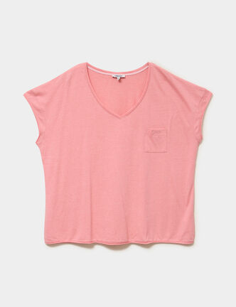 T-shirt effet chin&eacute; col en V avec poche rose vif femme grande taille
