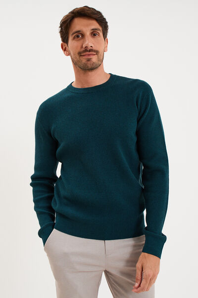 Pull en maille textur&eacute;e col rond bleu canard homme