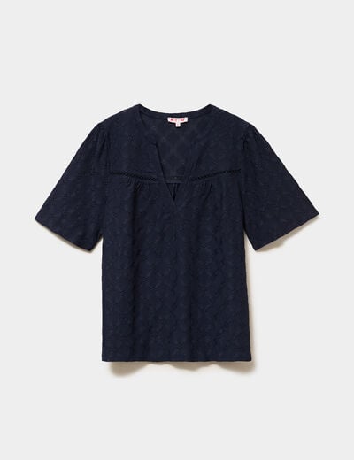 Blouse brod&eacute;e col tunisien bleu fonc&eacute; femme