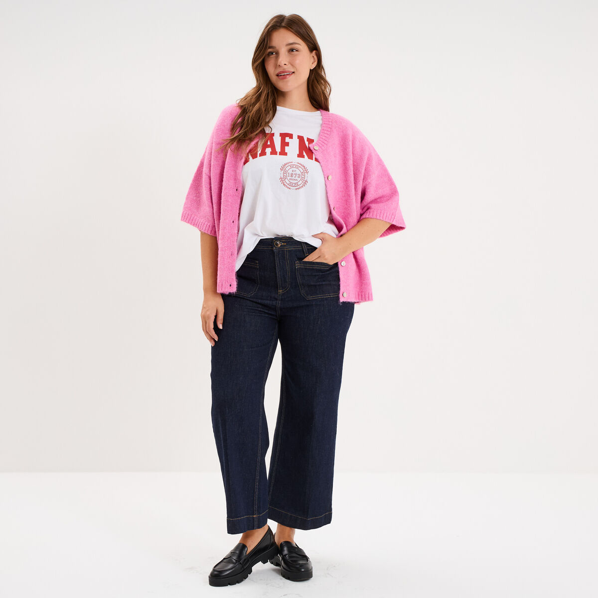Gilet manches courtes col rond oversize rose femme grande taille