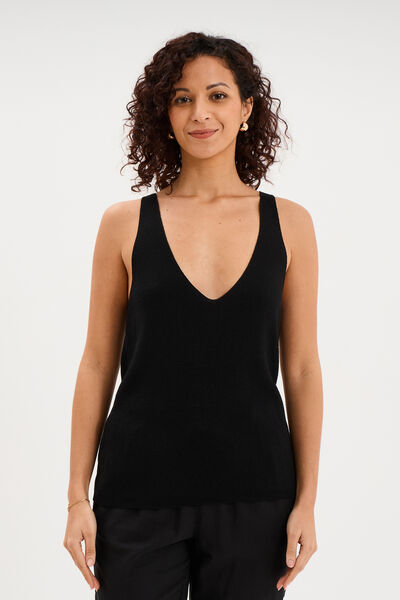 D&eacute;bardeur en maille col en V noir femme