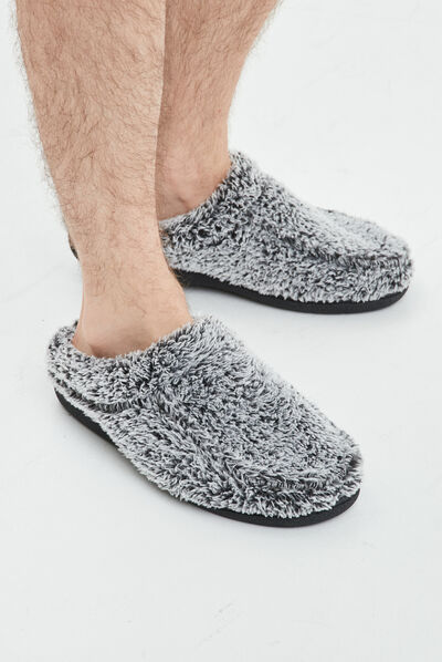 Chaussons mules imitation fourrure gris homme