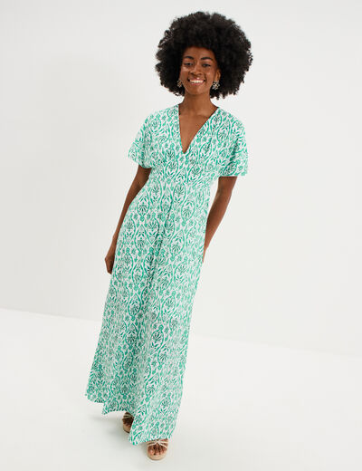 Robe longue gaufr&eacute;e manches courtes ecru femme