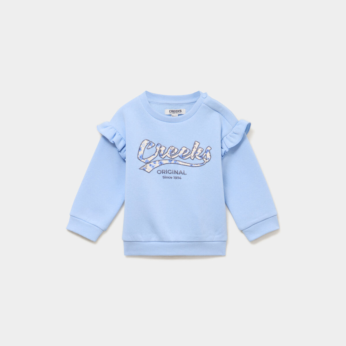 Sweat &eacute;paules &agrave; volants bleu gris b&eacute;b&eacute; fille