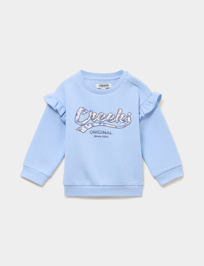 Sweat &eacute;paules &agrave; volants bleu gris b&eacute;b&eacute; fille